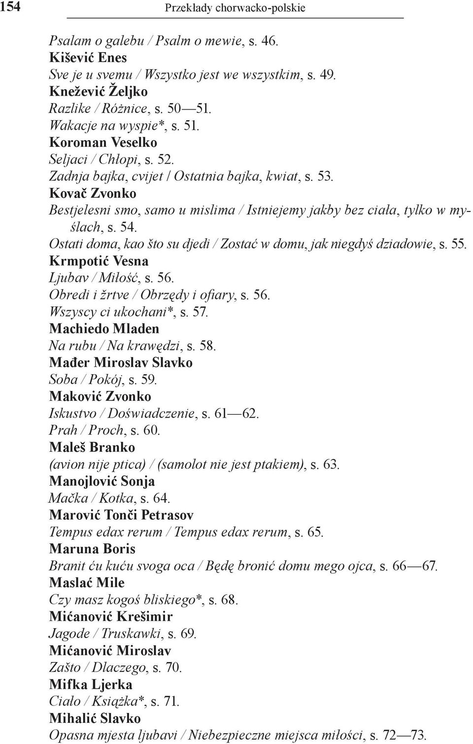Kovač Zvonko Bestjelesni smo, samo u mislima / Istniejemy jakby bez ciała, tylko w myślach, s. 54. Ostati doma, kao što su djedi / Zostać w domu, jak niegdyś dziadowie, s. 55.
