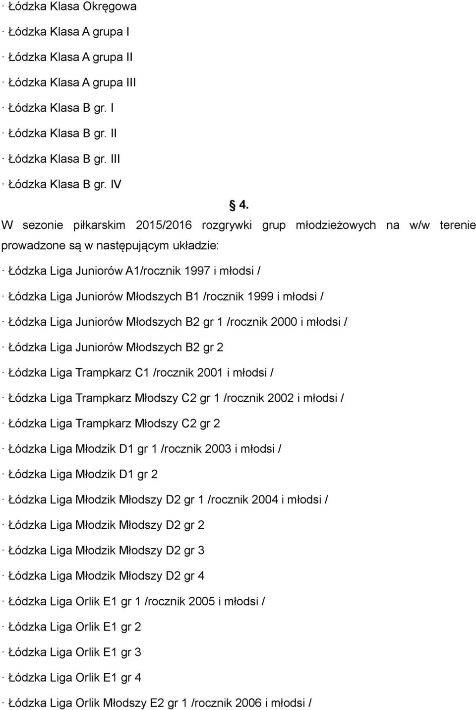 /rocznik 1999 i młodsi / Łódzka Liga Juniorów Młodszych B2 gr 1 /rocznik 2000 i młodsi / Łódzka Liga Juniorów Młodszych B2 gr 2 Łódzka Liga Trampkarz C1 /rocznik 2001 i młodsi / Łódzka Liga Trampkarz