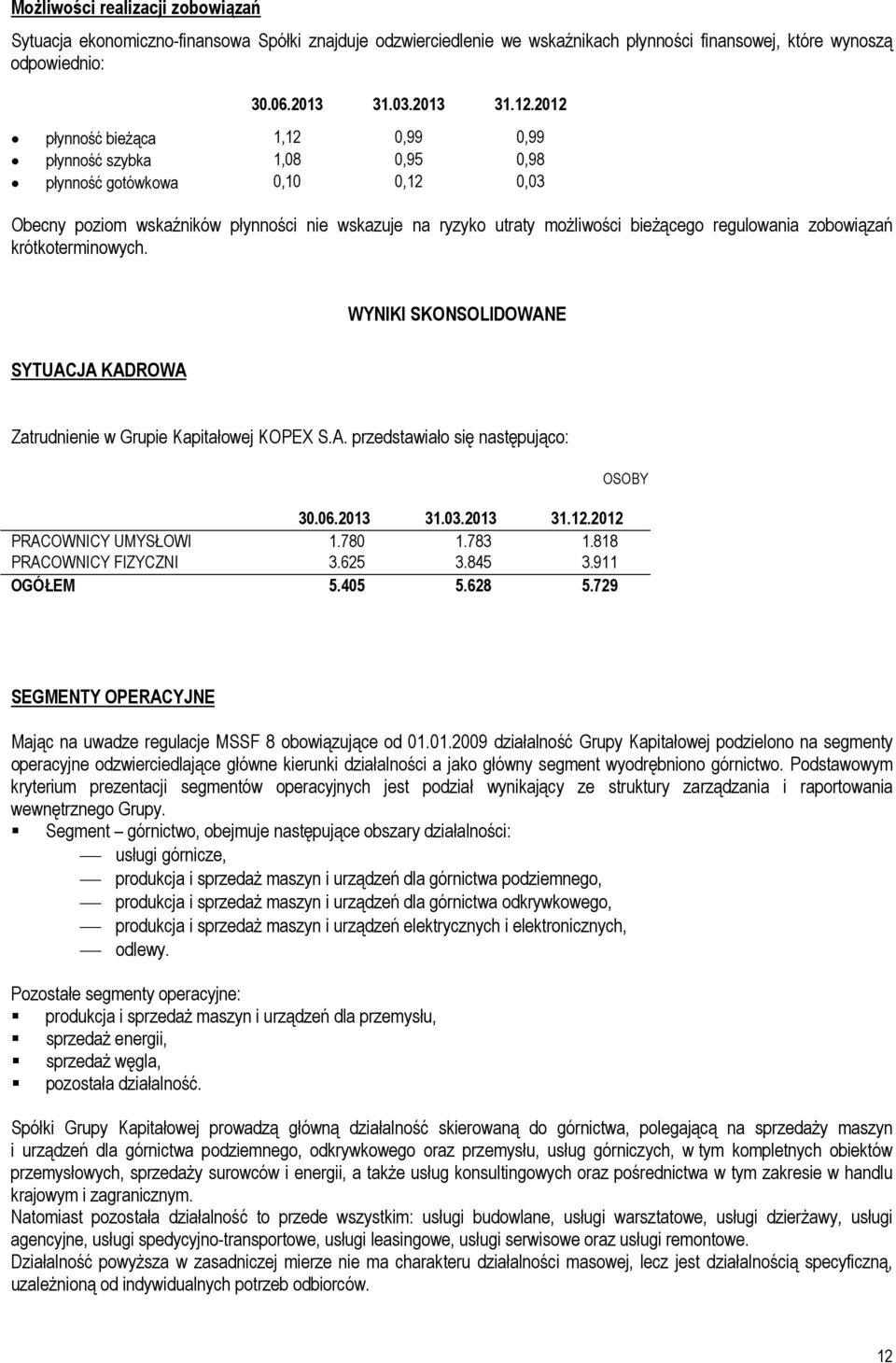 zobowiązań krótkoterminowych. WYNIKI SKONSOLIDOWANE SYTUACJA KADROWA Zatrudnienie w Grupie Kapitałowej S.A. przedstawiało się następująco: 30.06.2013 31.03.2013 31.12.2012 PRACOWNICY UMYSŁOWI 1.780 1.