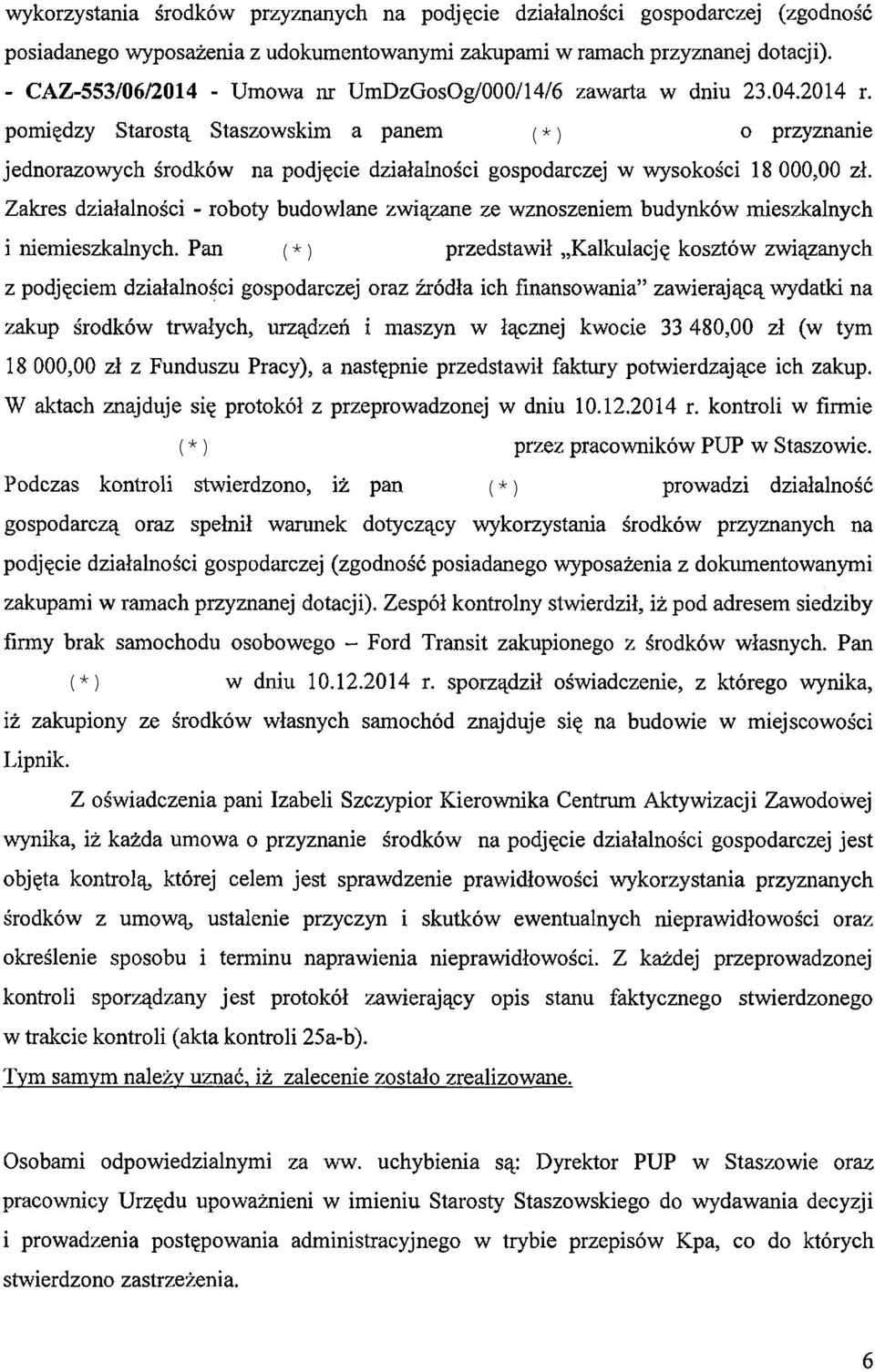 pomiędzy Starostą Staszowskim a panem (*) o przyznanie jednorazowych środków na podjęcie działalności gospodarczej w wysokości 18 000,00 zł.