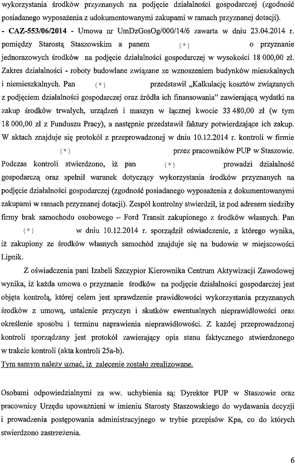 pomiędzy Starostą Staszowskim a panem (*) o przyznanie jednorazowych środków na podjęcie działalności gospodarczej w wysokości 18 000,00 zł.