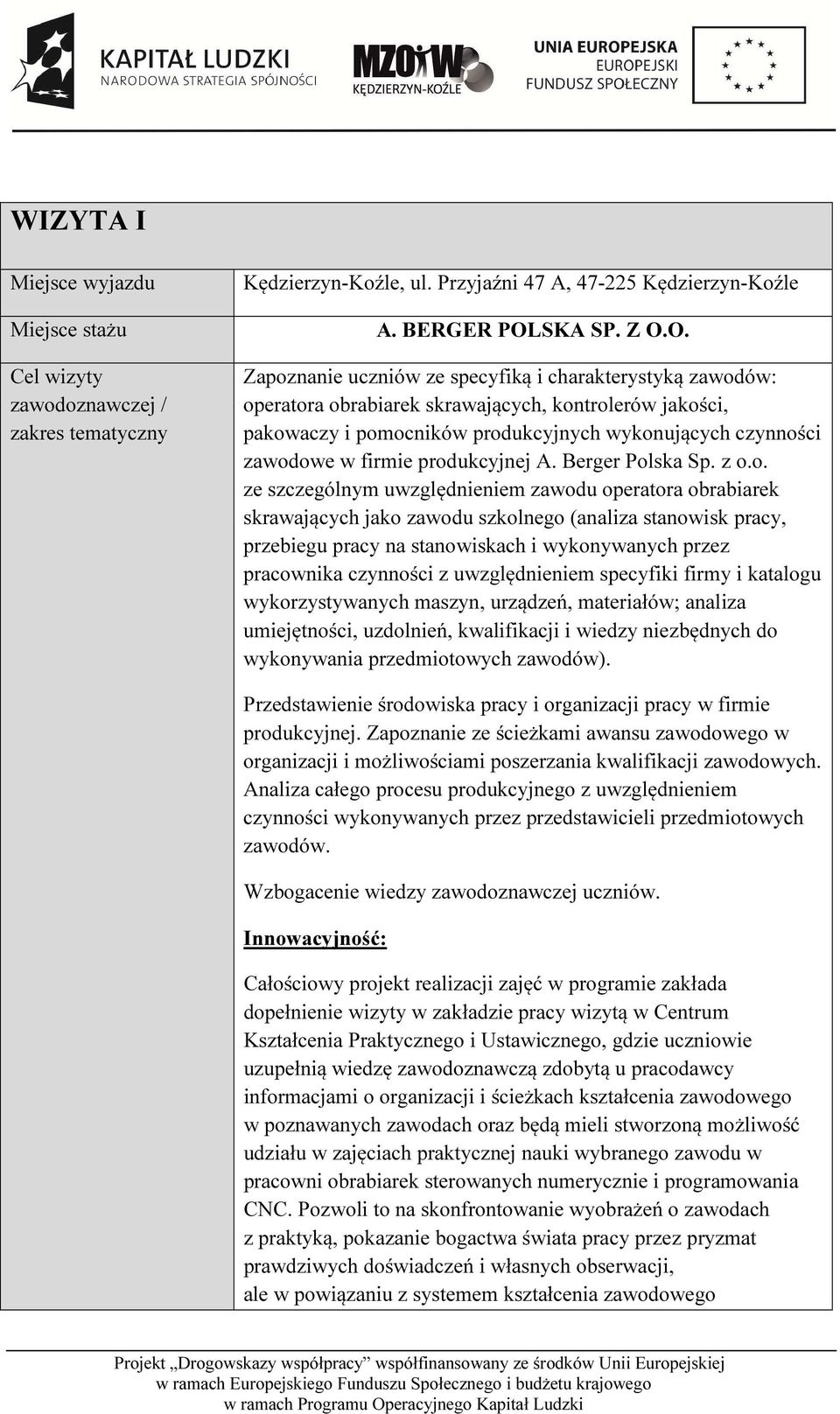 O. Zapoznanie uczniów ze specyfiką i charakterystyką zawodów: operatora obrabiarek skrawających, kontrolerów jakości, pakowaczy i pomocników produkcyjnych wykonujących czynności zawodowe w firmie