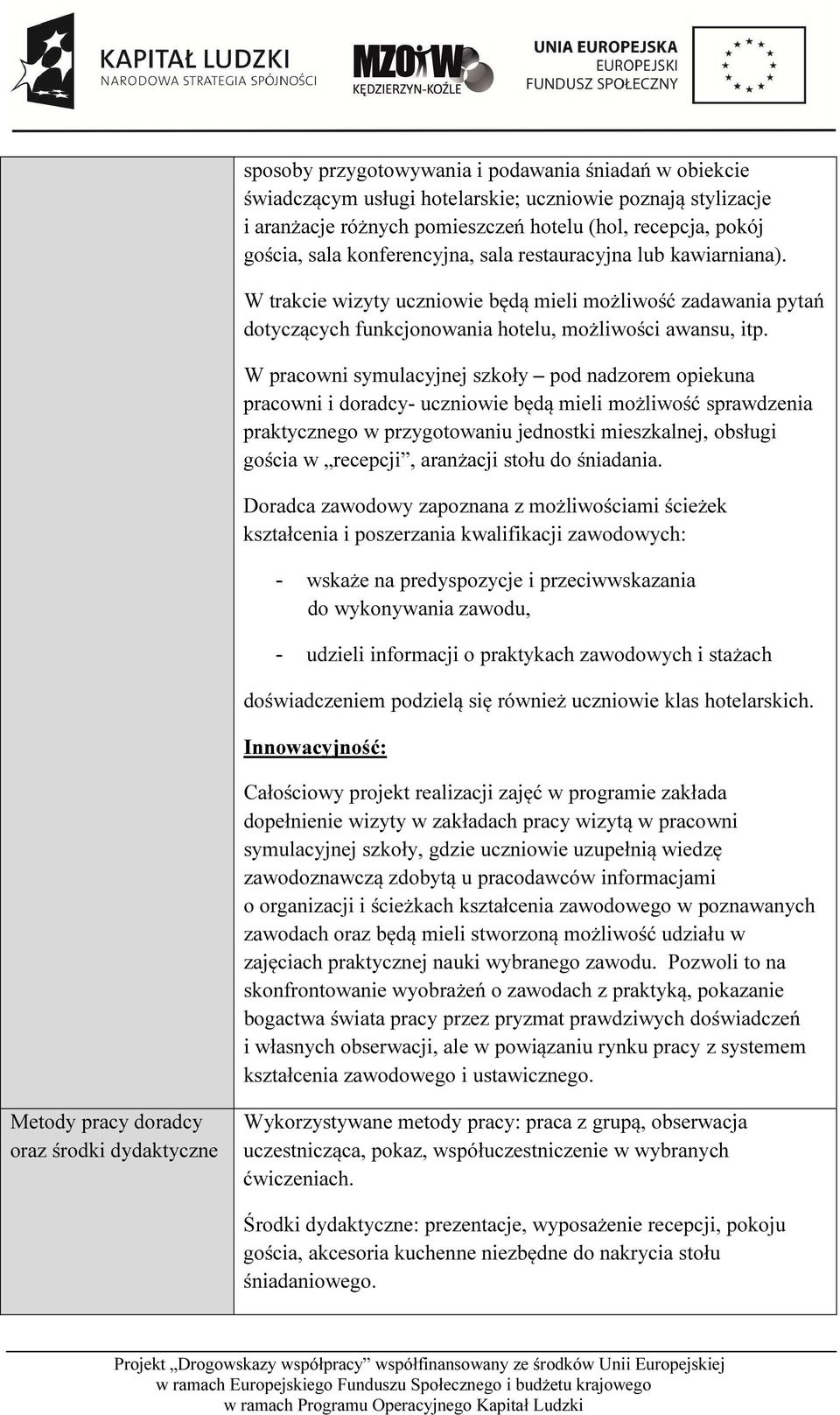 W pracowni symulacyjnej szkoły pod nadzorem opiekuna pracowni i doradcy- uczniowie będą mieli możliwość sprawdzenia praktycznego w przygotowaniu jednostki mieszkalnej, obsługi gościa w recepcji,