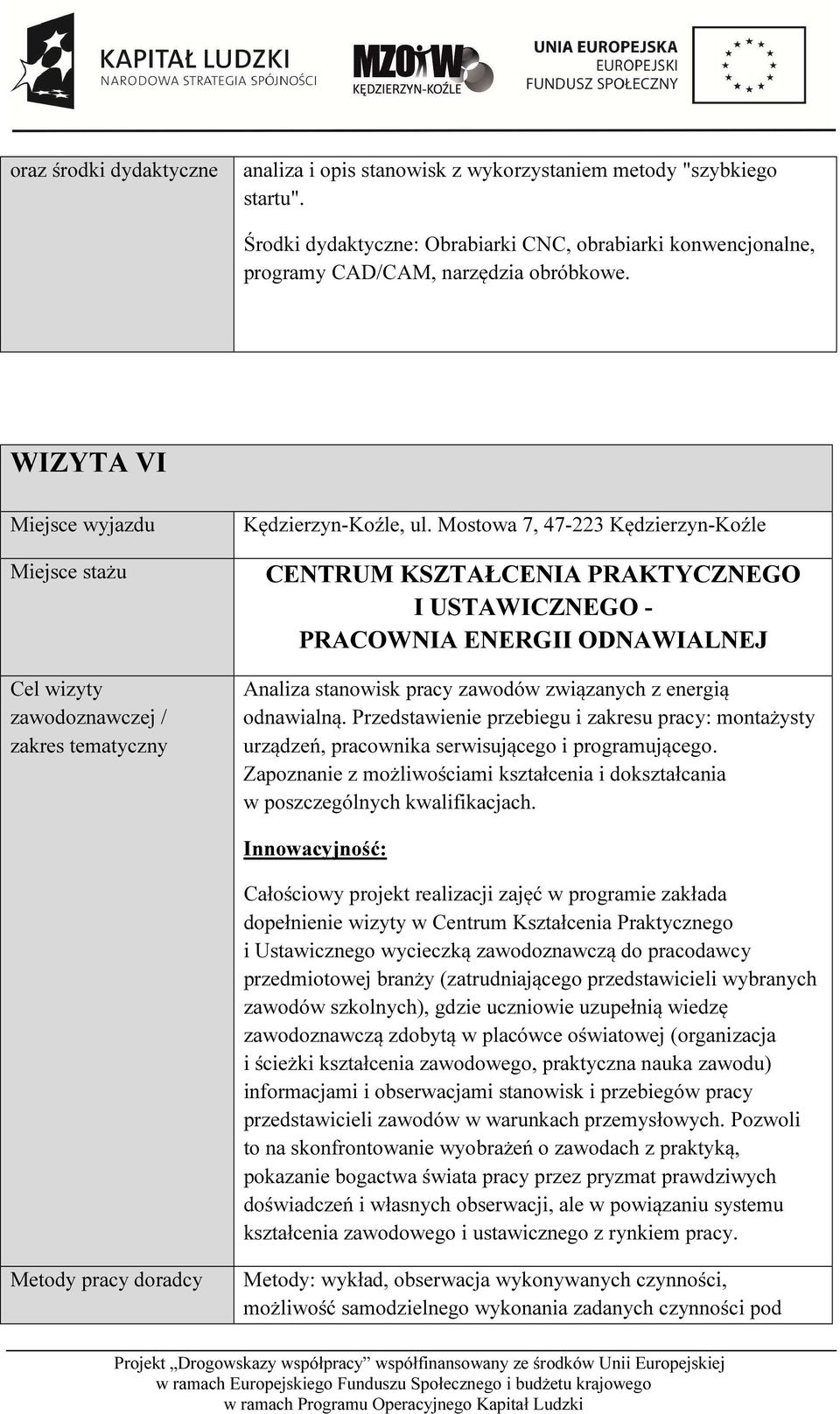 Mostowa 7, 47-223 Kędzierzyn-Koźle CENTRUM KSZTAŁCENIA PRAKTYCZNEGO I USTAWICZNEGO - PRACOWNIA ENERGII ODNAWIALNEJ Analiza stanowisk pracy zawodów związanych z energią odnawialną.