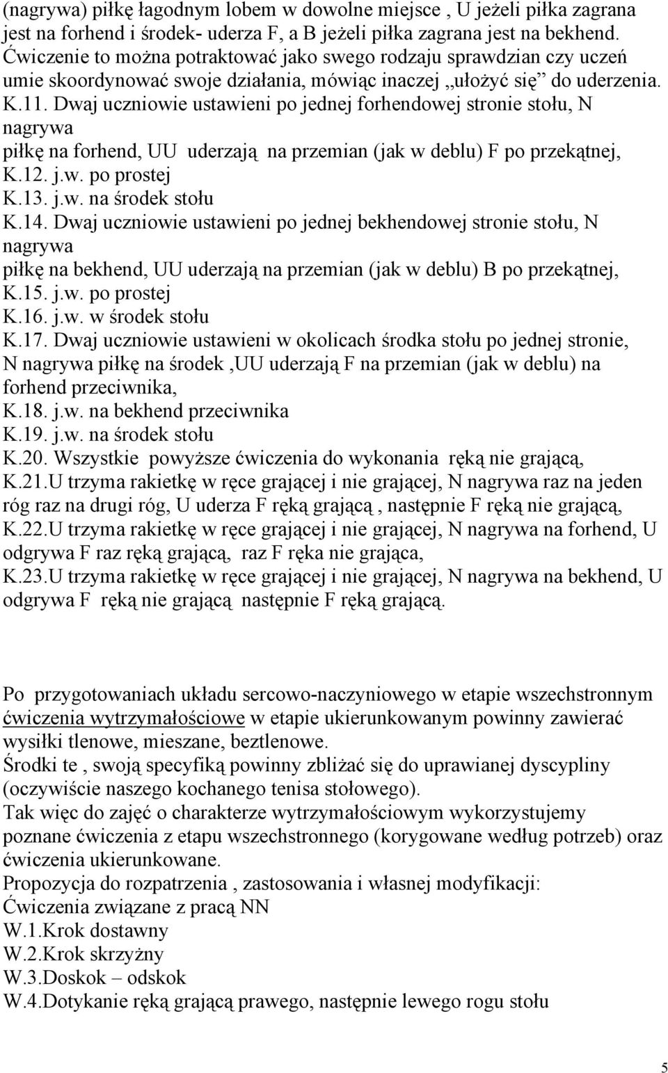 Dwaj uczniowie ustawieni po jednej forhendowej stronie stołu, N nagrywa piłkę na forhend, UU uderzają na przemian (jak w deblu) F po przekątnej, K.12. j.w. po prostej K.13. j.w. na środek stołu K.14.