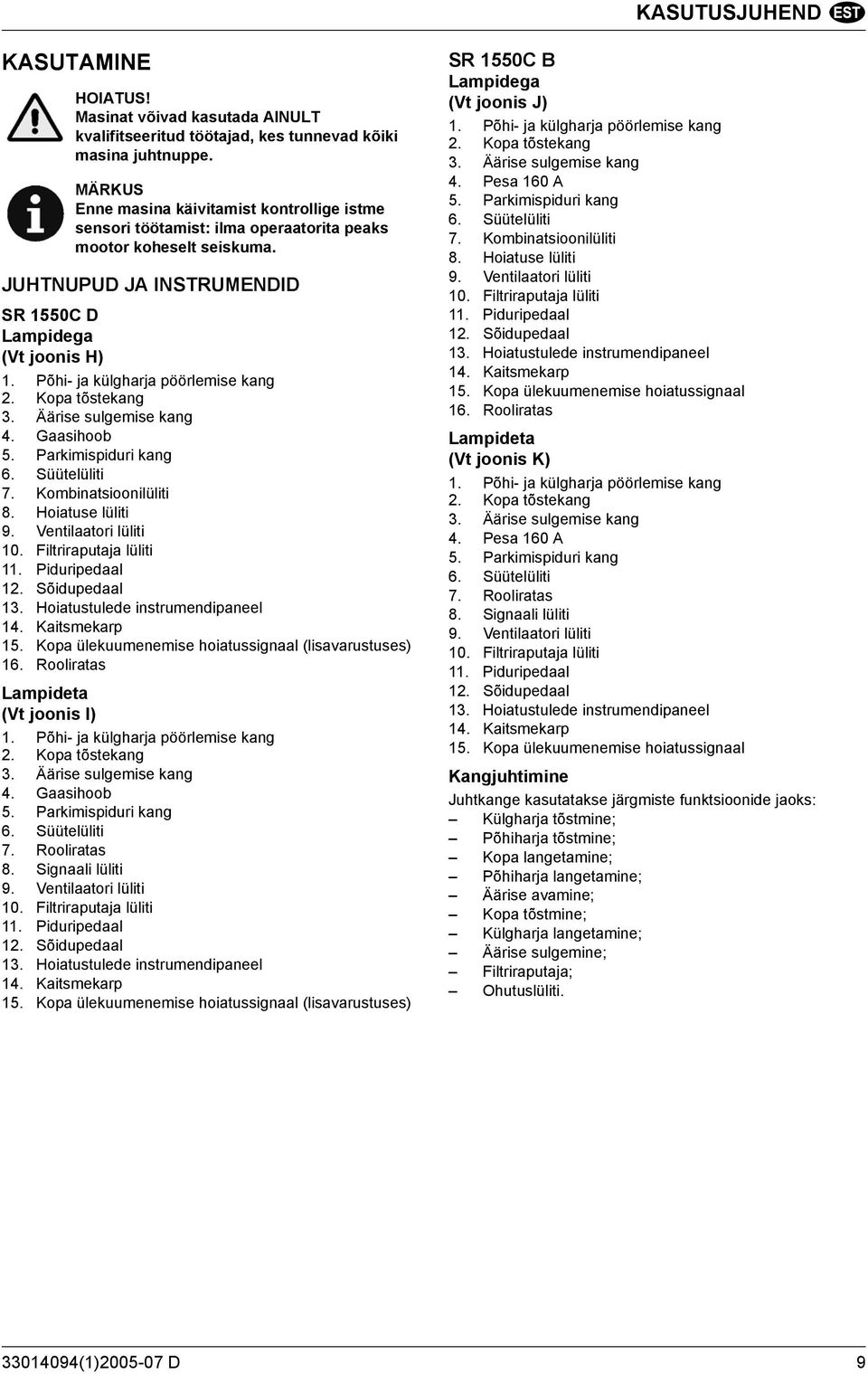 Põhi- ja külgharja pöörlemise kang 2. Kopa tõstekang 3. Äärise sulgemise kang 4. Gaasihoob 5. Parkimispiduri kang 6. Süütelüliti 7. Kombinatsioonilüliti 8. Hoiatuse lüliti 9. Ventilaatori lüliti 10.