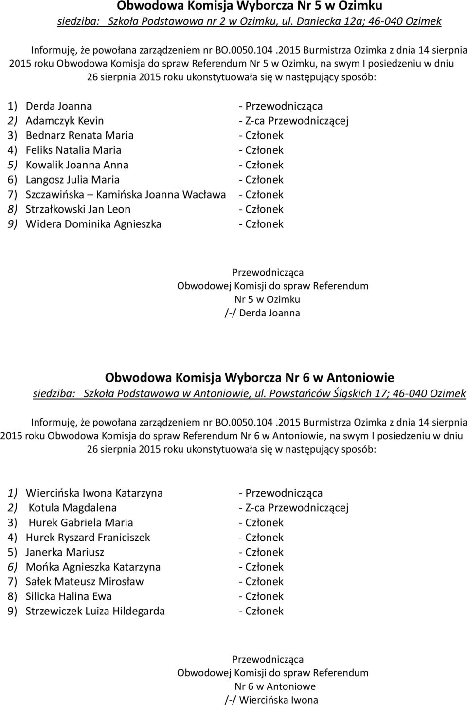 Maria - Członek 4) Feliks Natalia Maria - Członek 5) Kowalik Joanna Anna - Członek 6) Langosz Julia Maria - Członek 7) Szczawińska Kamińska Joanna Wacława - Członek 8) Strzałkowski Jan Leon - Członek