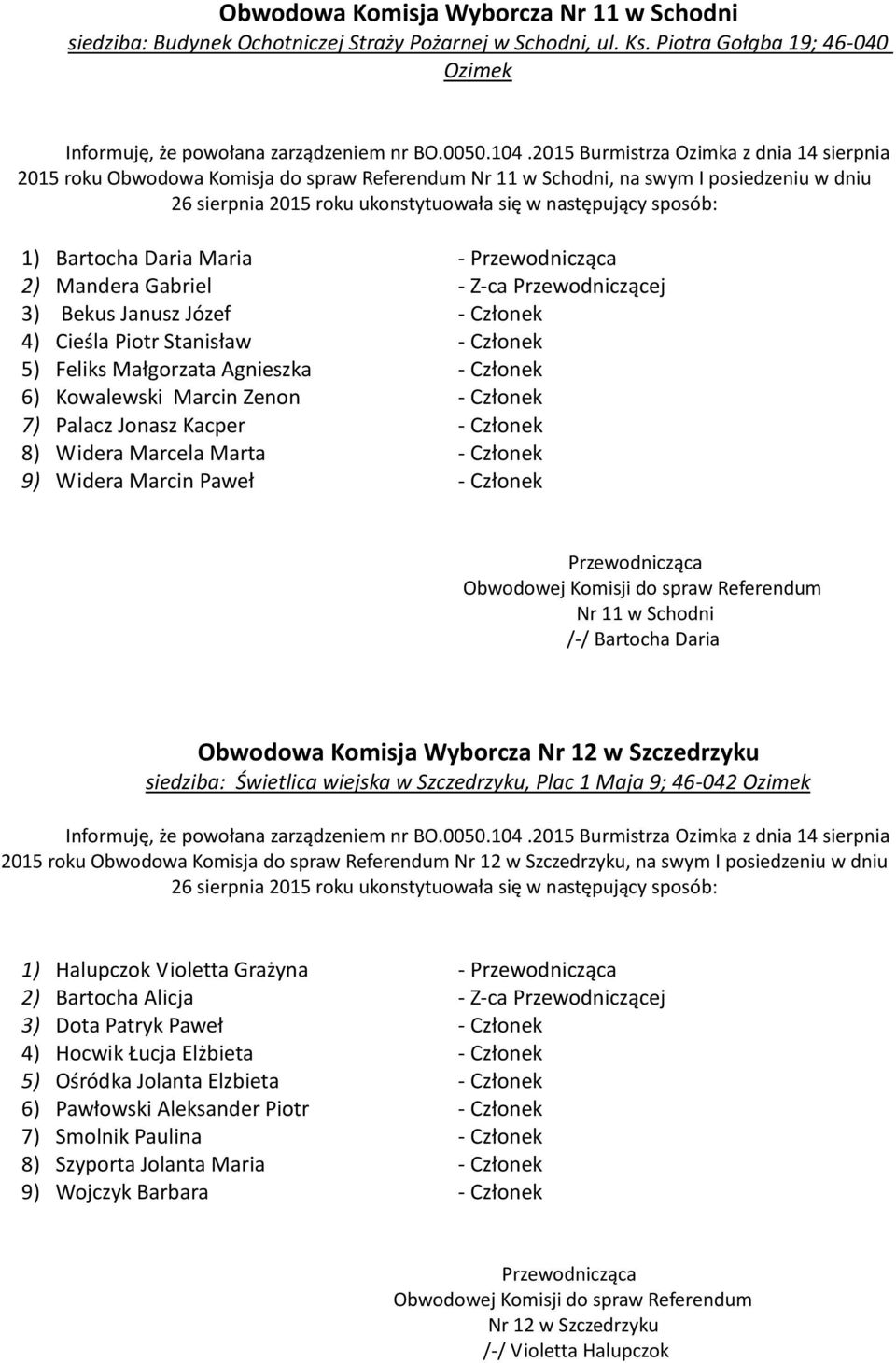 Bekus Janusz Józef - Członek 4) Cieśla Piotr Stanisław - Członek 5) Feliks Małgorzata Agnieszka - Członek 6) Kowalewski Marcin Zenon - Członek 7) Palacz Jonasz Kacper - Członek 8) Widera Marcela
