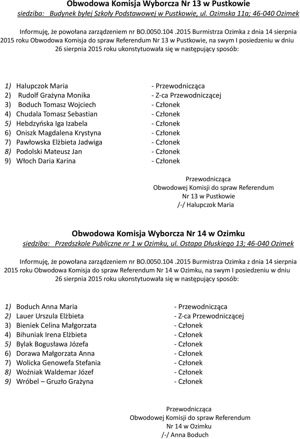 Boduch Tomasz Wojciech - Członek 4) Chudala Tomasz Sebastian - Członek 5) Hebdzyńska Iga Izabela - Członek 6) Oniszk Magdalena Krystyna - Członek 7) Pawłowska Elżbieta Jadwiga - Członek 8) Podolski