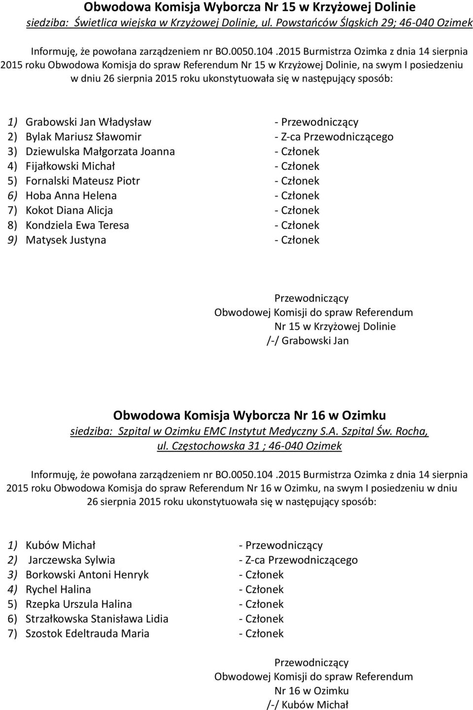 Z-ca Przewodniczącego 3) Dziewulska Małgorzata Joanna - Członek 4) Fijałkowski Michał - Członek 5) Fornalski Mateusz Piotr - Członek 6) Hoba Anna Helena - Członek 7) Kokot Diana Alicja - Członek 8)
