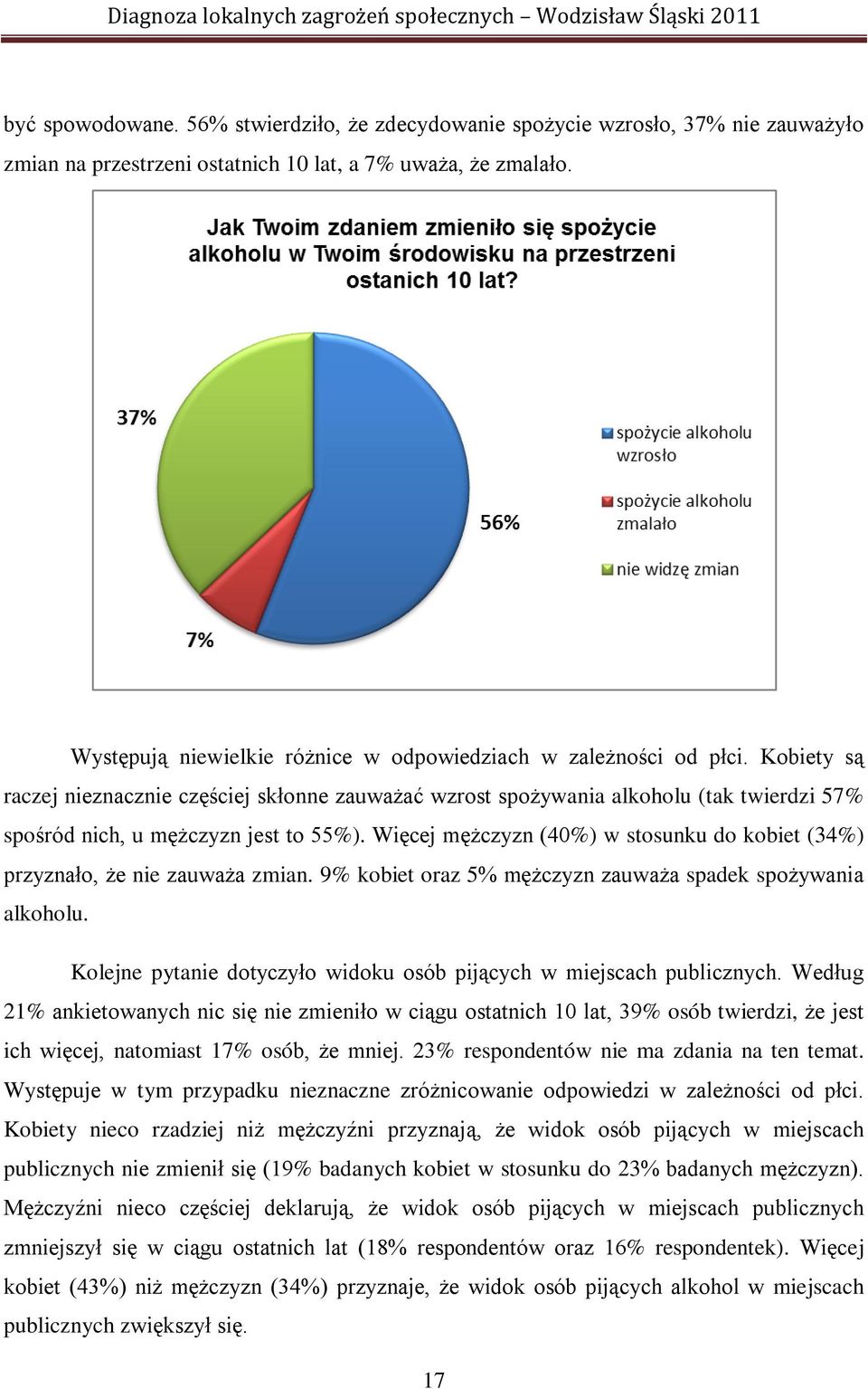 Kobiety są raczej nieznacznie częściej skłonne zauważać wzrost spożywania alkoholu (tak twierdzi 57% spośród nich, u mężczyzn jest to 55%).