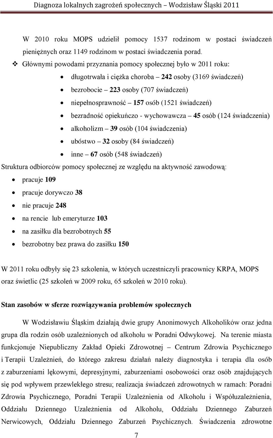 świadczeń) bezradność opiekuńczo - wychowawcza 45 osób (124 świadczenia) alkoholizm 39 osób (104 świadczenia) ubóstwo 32 osoby (84 świadczeń) inne 67 osób (548 świadczeń) Struktura odbiorców pomocy