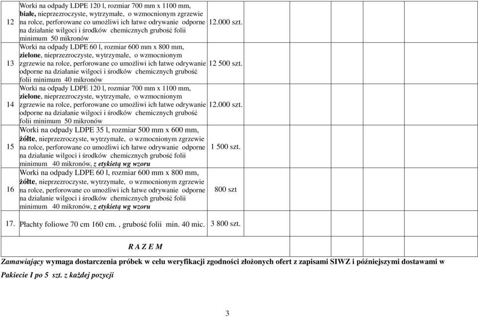 perforowane co umożliwi ich łatwe odrywanie odporne na działanie wilgoci i środków chemicznych grubość folii minimum 40 mikronów Worki na odpady LDPE 120 l, rozmiar 700 mm x 1100 mm, zielone,