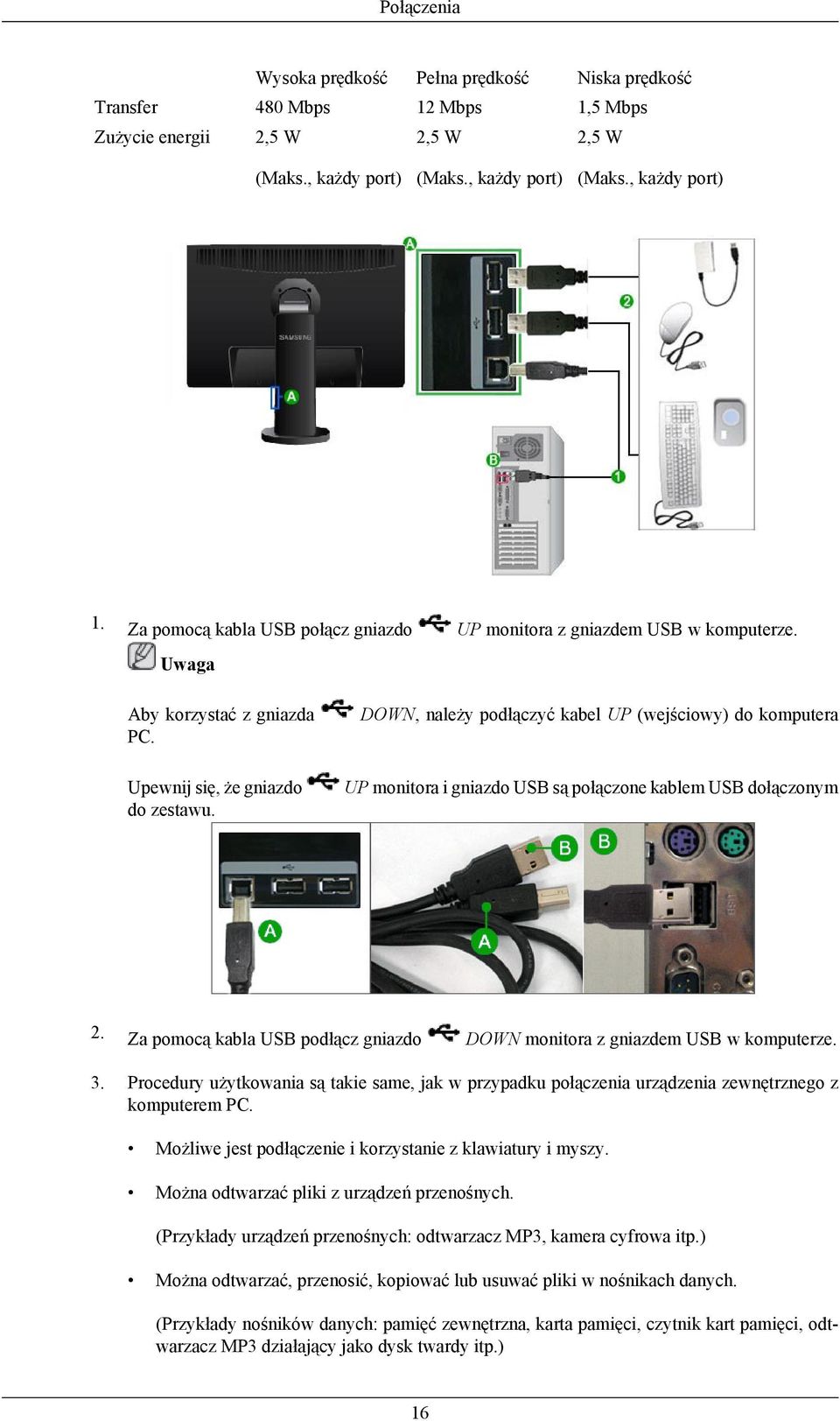 DOWN, należy podłączyć kabel UP (wejściowy) do komputera UP monitora i gniazdo USB są połączone kablem USB dołączonym 2. Za pomocą kabla USB podłącz gniazdo DOWN monitora z gniazdem USB w komputerze.