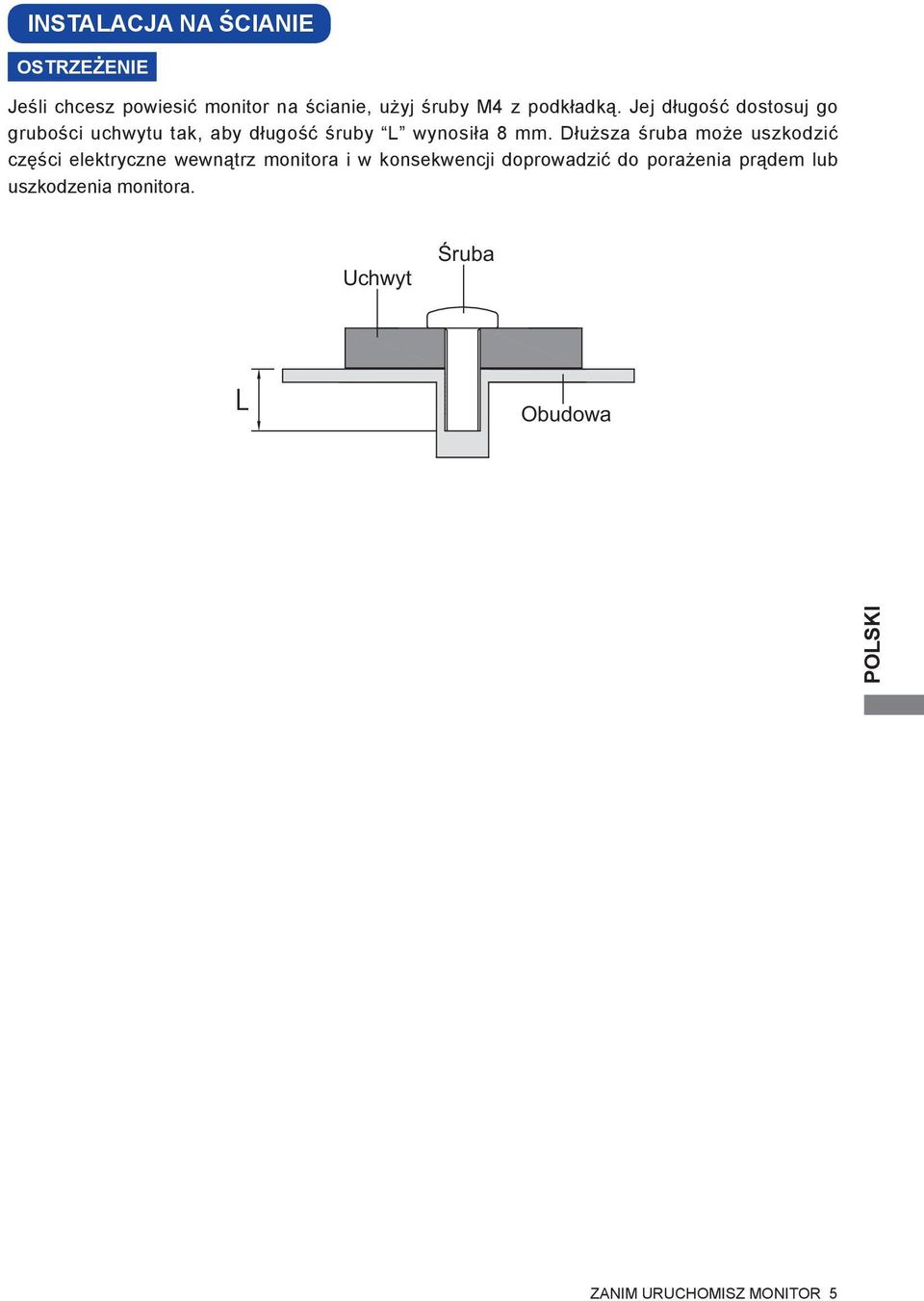 Dłuższa śruba może uszkodzić części elektryczne wewnątrz monitora i w konsekwencji