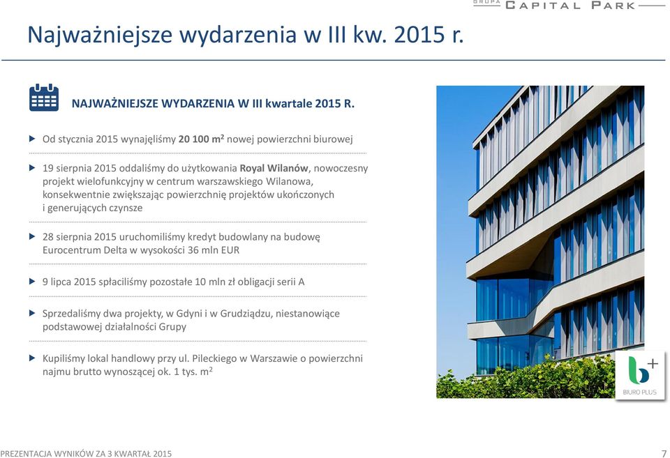 konsekwentnie zwiększając powierzchnię projektów ukończonych i generujących czynsze 28 sierpnia 2015 uruchomiliśmy kredyt budowlany na budowę Eurocentrum Delta w wysokości 36 mln EUR 9 lipca