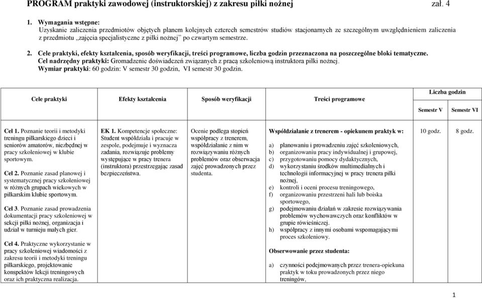 piłki nożnej po czwartym semestrze. 2. Cele praktyki, efekty kształcenia, sposób weryfikacji, treści programowe, liczba godzin przeznaczona na poszczególne bloki tematyczne.