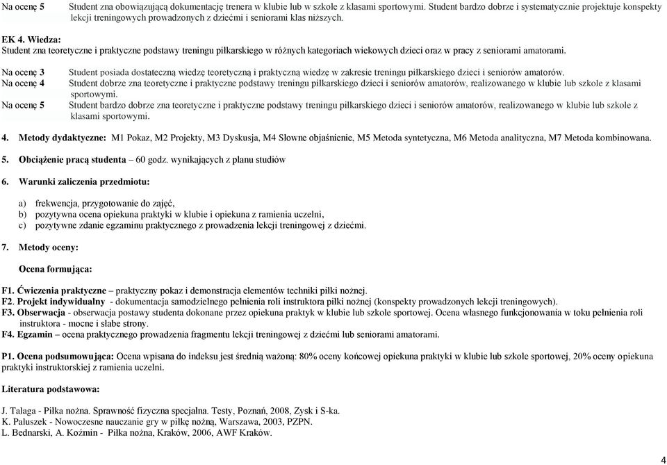 Wiedza: Student zna teoretyczne i praktyczne podstawy treningu piłkarskiego w różnych kategoriach wiekowych dzieci oraz w pracy z seniorami amatorami.