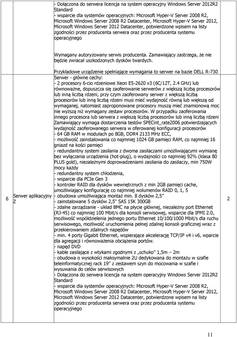 Serwer aplikacyjny Z Wymagany autoryzowany serwis producenta. Zamawiający zastrzega, że nie będzie zwracał uszkodzonych dysków twardych.