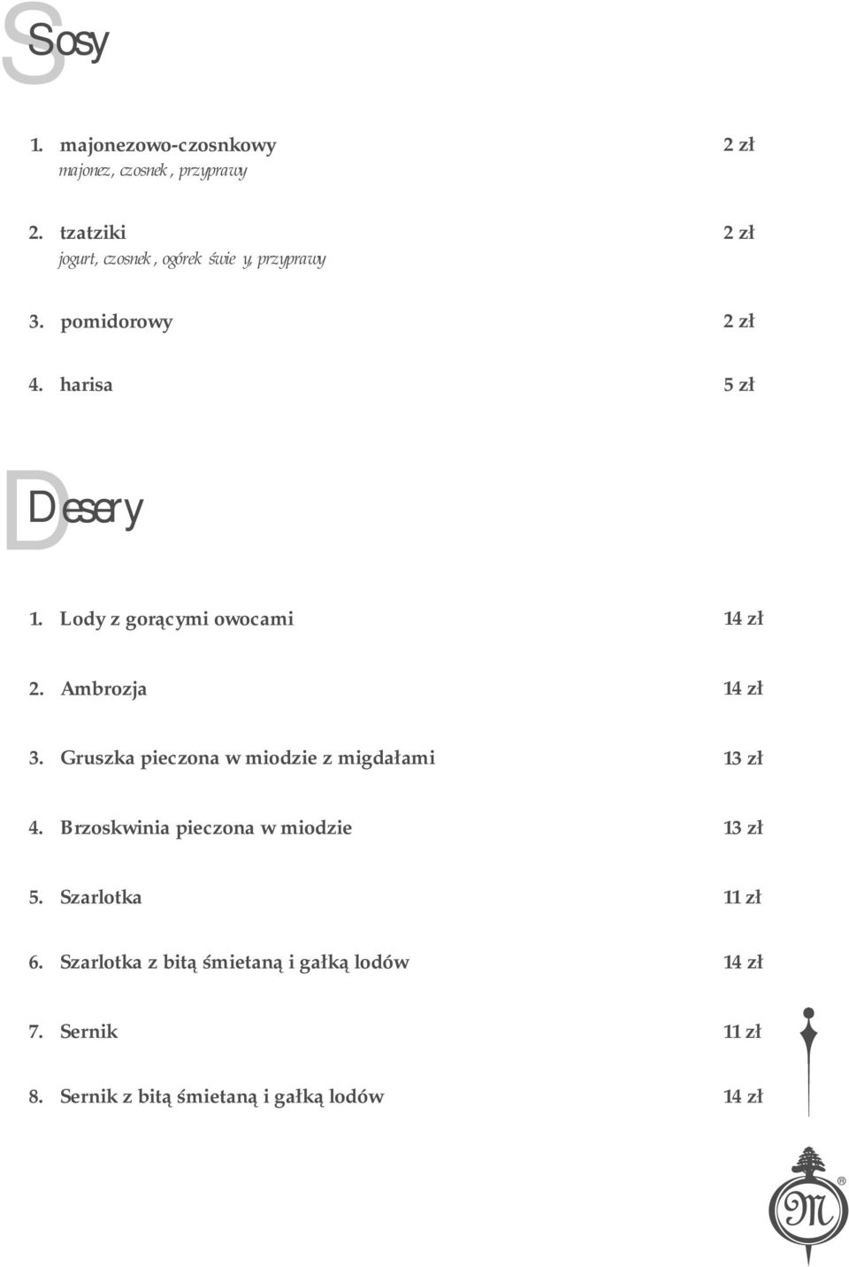 Lody z gorącymi owocami 14 zł 2. Ambrozja 14 zł 3. Gruszka pieczona w miodzie z migdałami 13 zł 4.