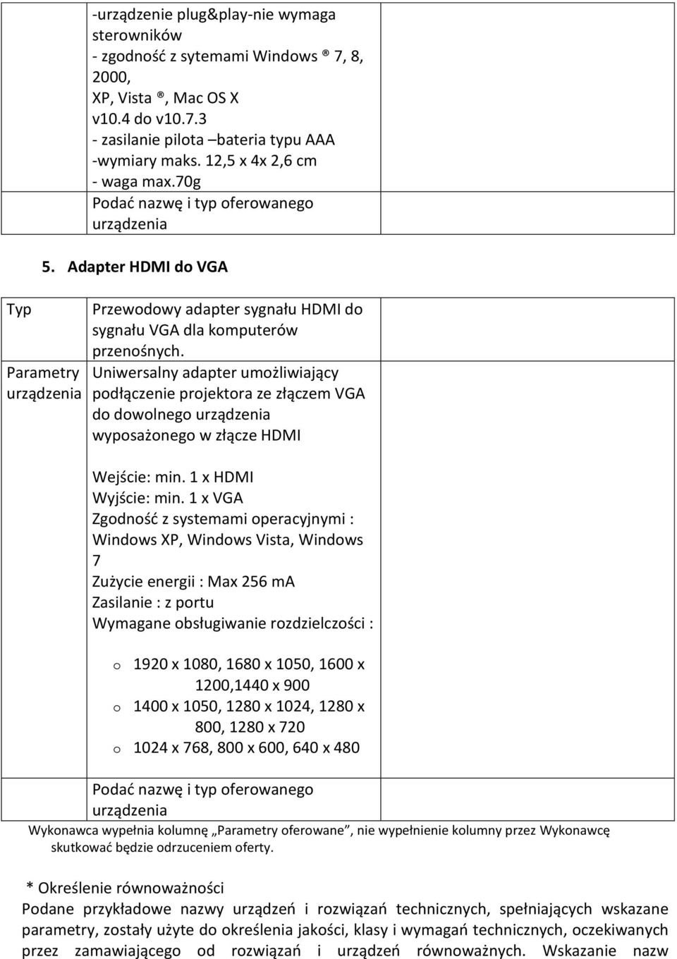 Uniwersalny adapter umożliwiający podłączenie projektora ze złączem VGA do dowolnego wyposażonego w złącze HDMI Wejście: min. 1 x HDMI Wyjście: min.