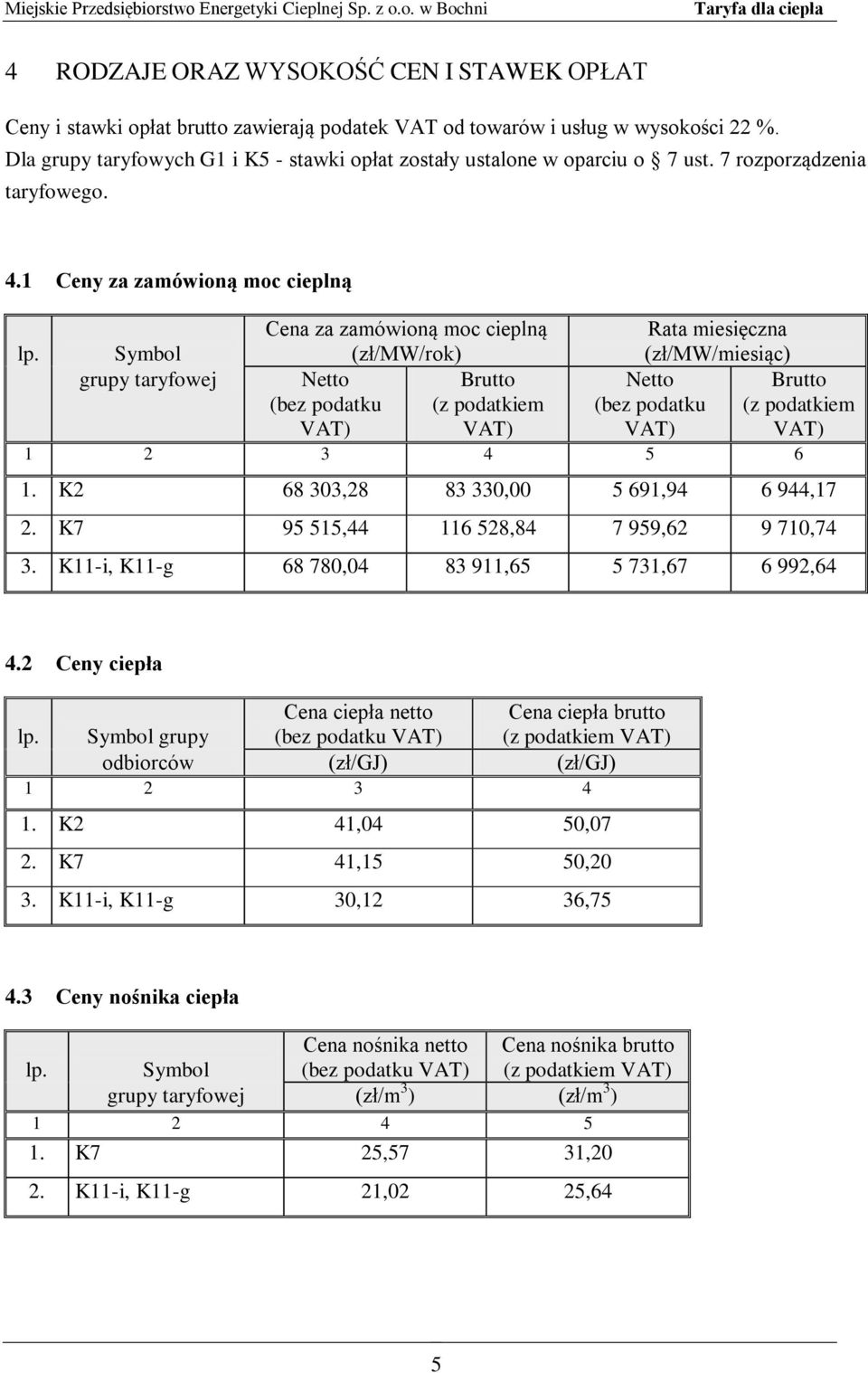 Symbol grupy taryfowej Cena za zamówioną moc cieplną (zł/mw/rok) Netto Brutto (bez podatku (z podatkiem VAT) VAT) Rata miesięczna (zł/mw/miesiąc) Netto (bez podatku VAT) Brutto (z podatkiem VAT) 1 2