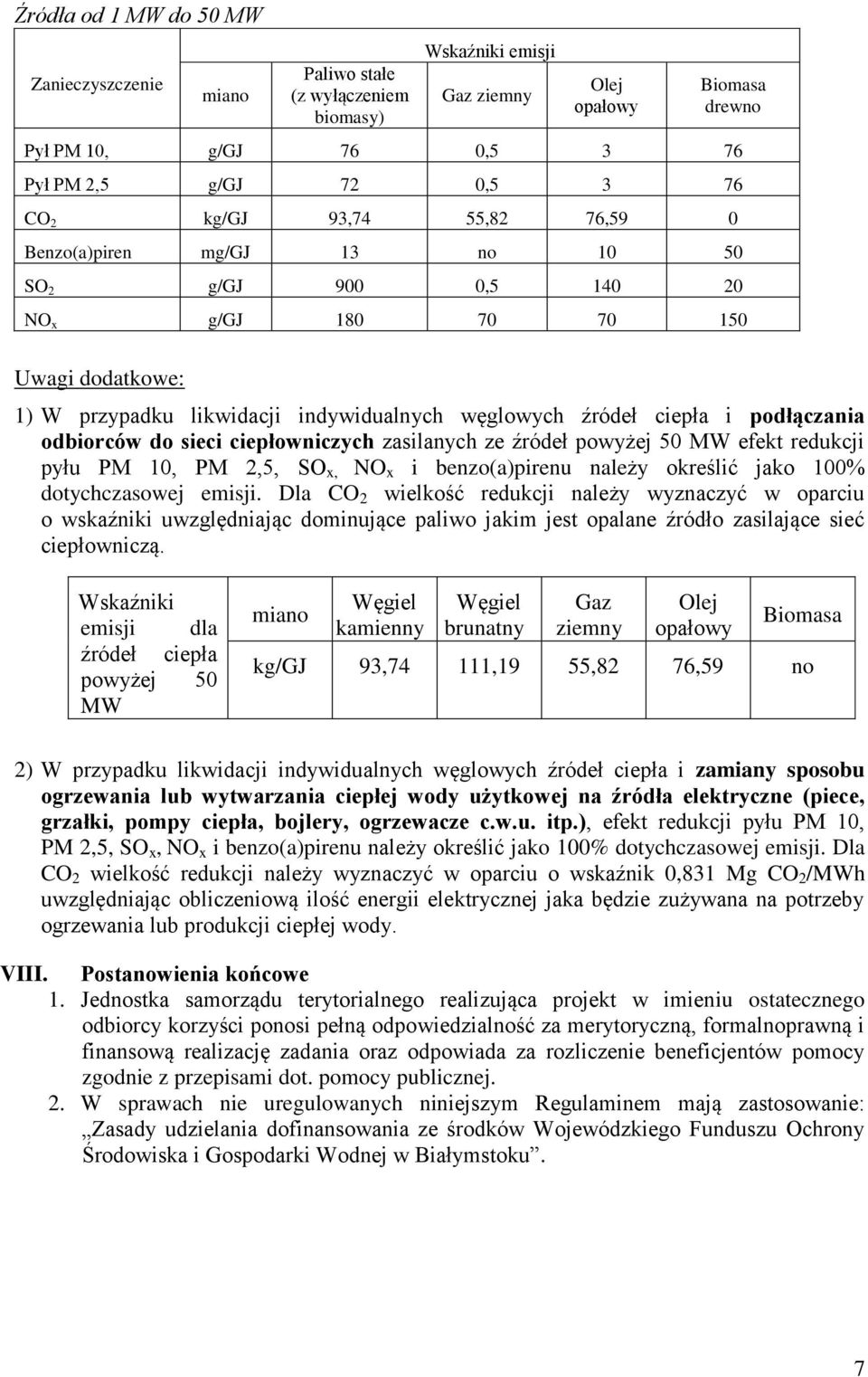 sieci ciepłowniczych zasilanych ze źródeł powyżej 50 MW efekt redukcji pyłu PM 10, PM 2,5, SO x, NO x i benzo(a)pirenu należy określić jako 100% dotychczasowej emisji.
