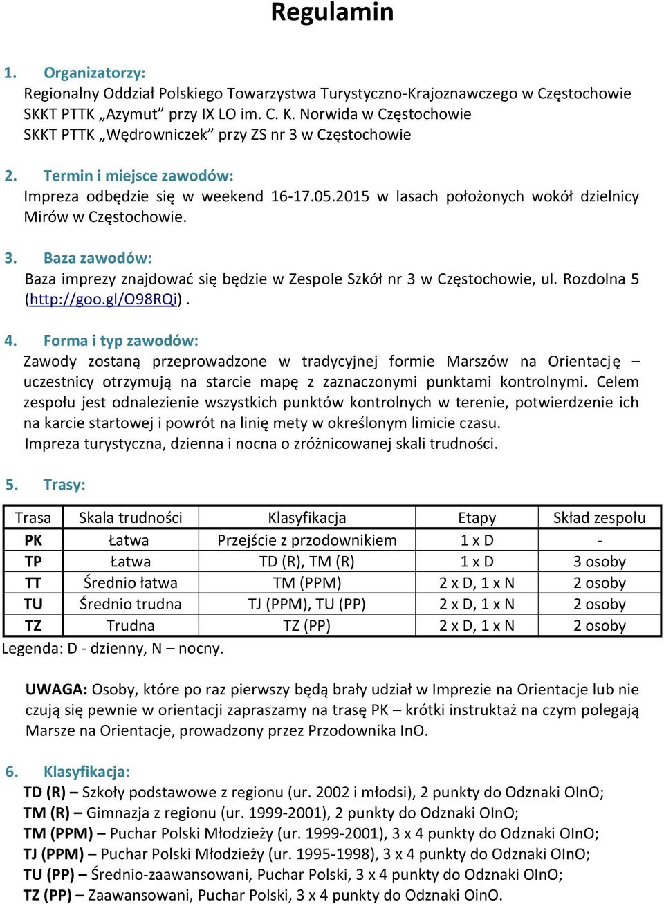 2015 w lasach położonych wokół dzielnicy Mirów w Częstochowie. 3. Baza zawodów: Baza imprezy znajdować się będzie w Zespole Szkół nr 3 w Częstochowie, ul. Rozdolna 5 (http://goo.gl/o 9 8RQi ). 4.