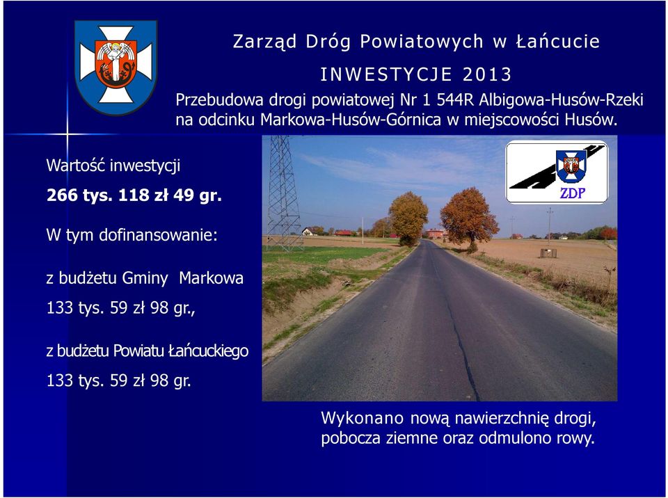 118 zł 49 gr. W tym dofinansowanie: z budżetu Gminy Markowa 133 tys. 59 zł 98 gr.