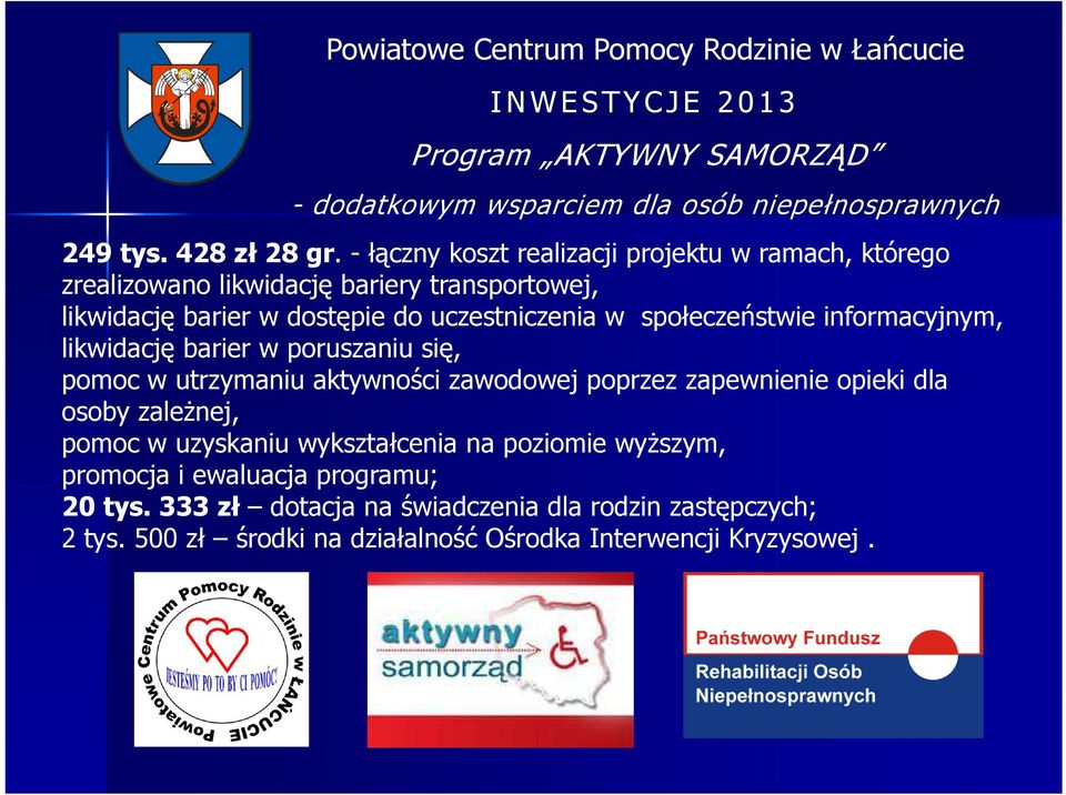 informacyjnym, likwidację barier w poruszaniu się, pomoc w utrzymaniu aktywności zawodowej poprzez zapewnienie opieki dla osoby zależnej, pomoc w uzyskaniu