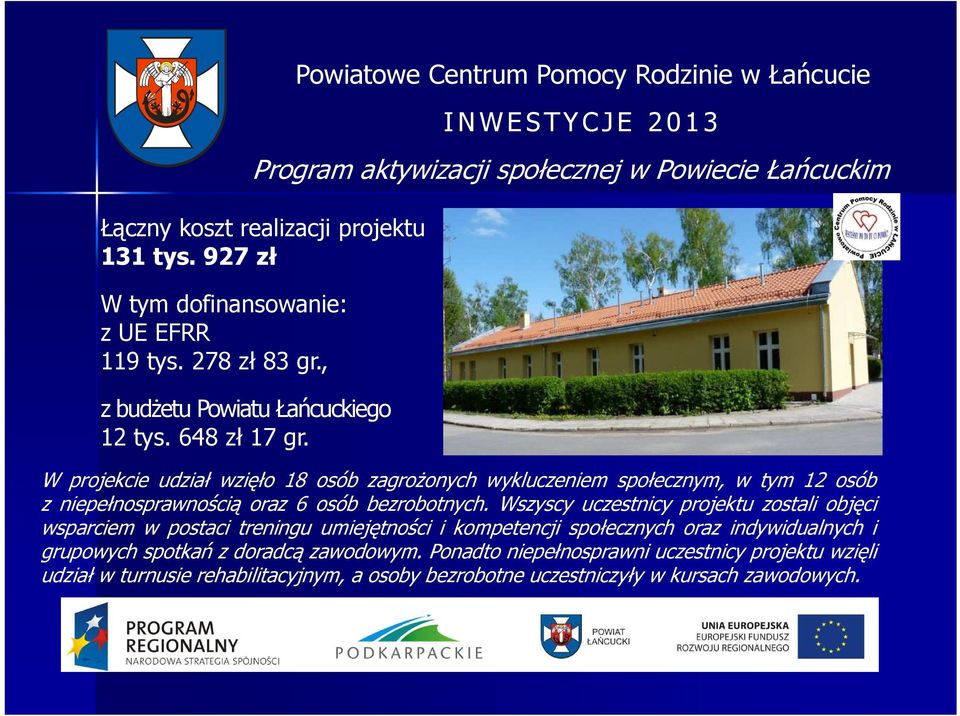 W projekcie udział wzięło 18 osób zagrożonych wykluczeniem społecznym, w tym 12 osób z niepełnosprawnością oraz 6 osób bezrobotnych.
