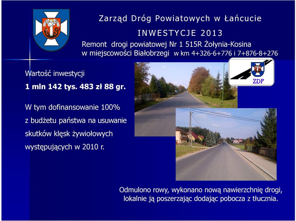 W tym dofinansowanie 100% z budżetu państwa na usuwanie skutków klęsk żywiołowych występujących w 2010 r.