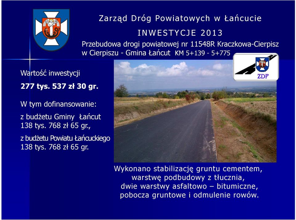 W tym dofinansowanie: z budżetu Gminy Łańcut 138 tys. 768 zł 65 gr., z budżetu Powiatu Łańcuckiego 138 tys.