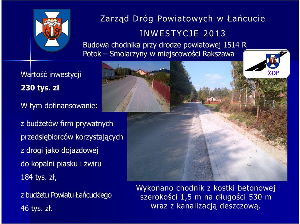 zł W tym dofinansowanie: z budżetów firm prywatnych przedsiębiorców korzystających z drogi jako dojazdowej do