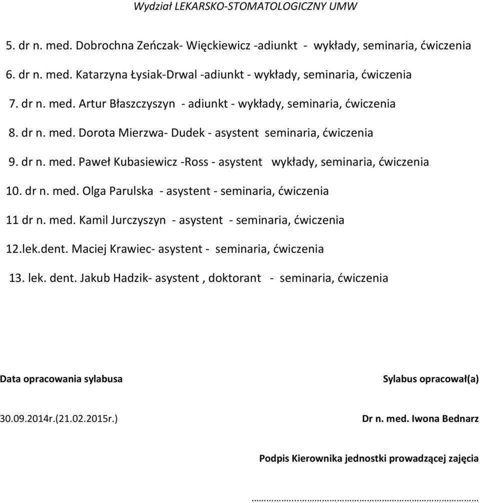 med. Kamil Jurczyszyn - asystent - seminaria, ćwiczenia 12.lek.dent. Maciej Krawiec- asystent - seminaria, ćwiczenia 13. lek. dent.