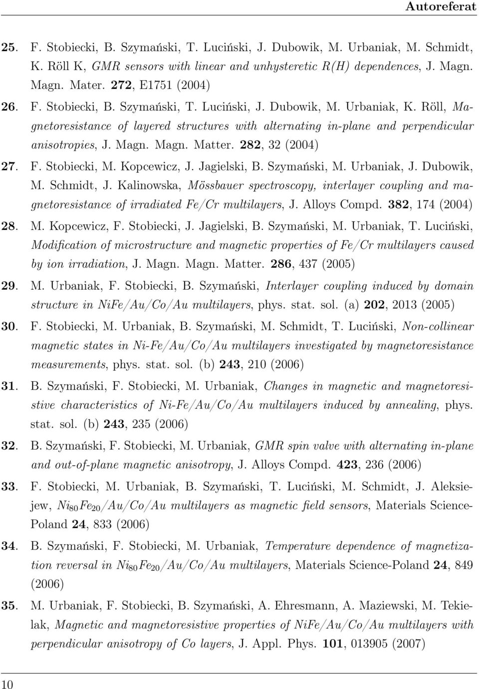 Magn. Magn. Matter. 282, 32 (2004) 27. F. Stobiecki, M. Kopcewicz, J. Jagielski, B. Szymański, M. Urbaniak, J. Dubowik, M. Schmidt, J.