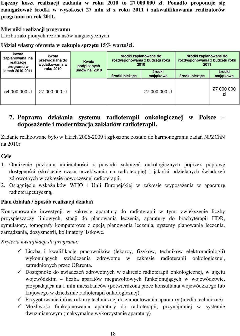 zaplanowana na realizację latach 2010- przewidziana do wydatkowania w Kwota podpisanych umów na 2010 zaplanowane do 2010 bieżące zaplanowane do bieżące 54 000 000 27 000 000 27 000 000 27 000 000 7.