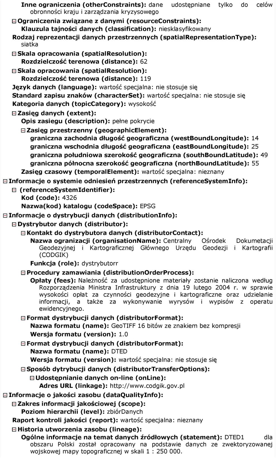 (distance): Język danych (language): Standard zapisu znaków (characterset): Kategoria danych (topiccategory): 119 wartość specjalna: nie stosuje się Zasięg danych (extent): Opis zasiegu