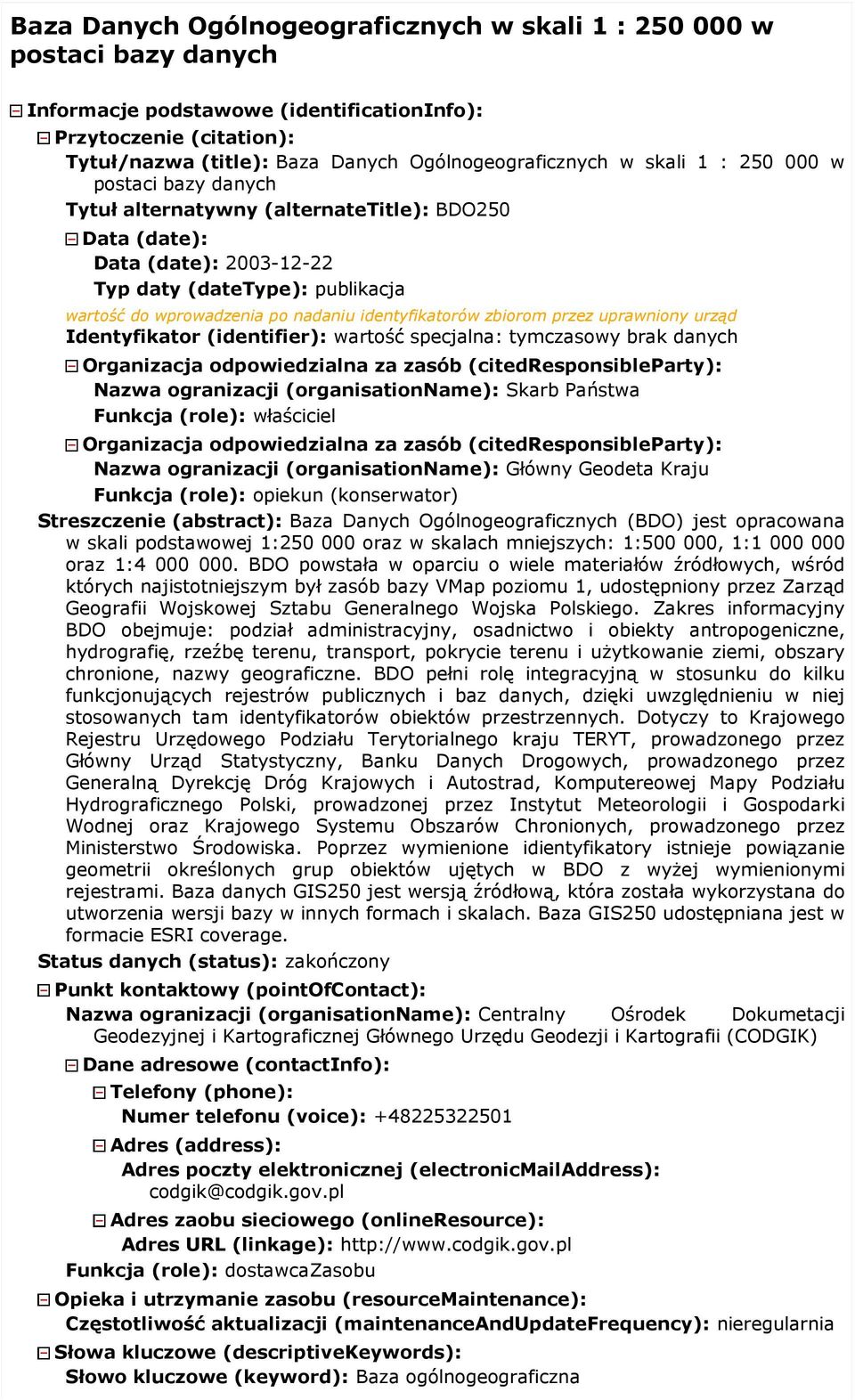 identyfikatorów zbiorom przez uprawniony urząd Identyfikator (identifier): wartość specjalna: tymczasowy brak danych Nazwa ogranizacji (organisationname): Skarb Państwa Funkcja (role): właściciel