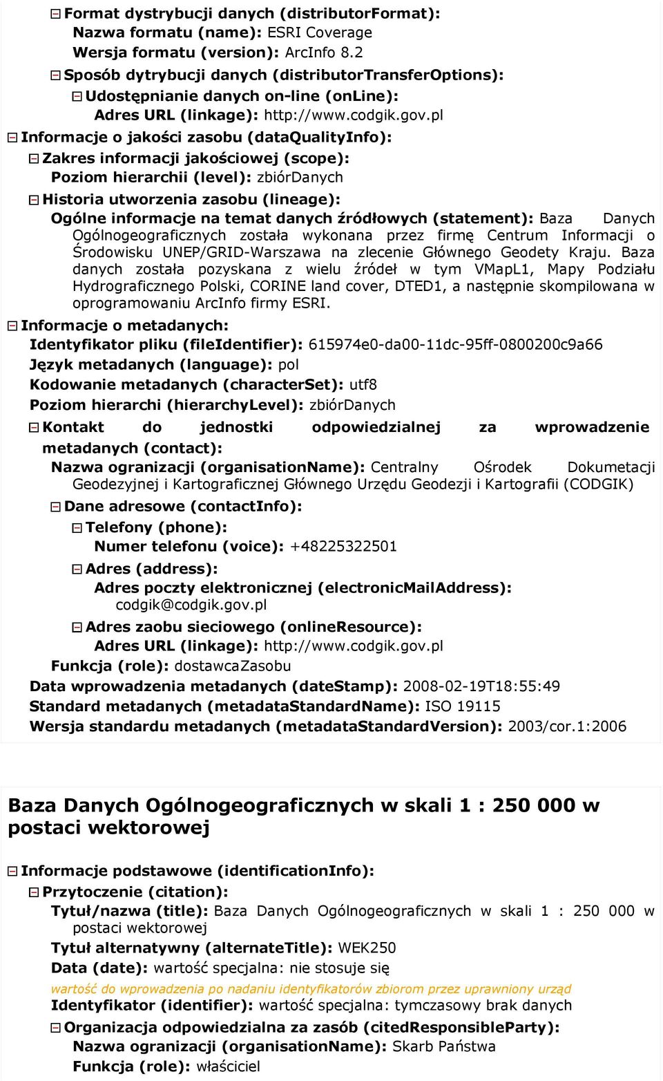 (level): zbiórdanych Historia utworzenia zasobu (lineage): Ogólne informacje na temat danych źródłowych (statement): Baza Danych Ogólnogeograficznych została wykonana przez firmę Centrum Informacji o