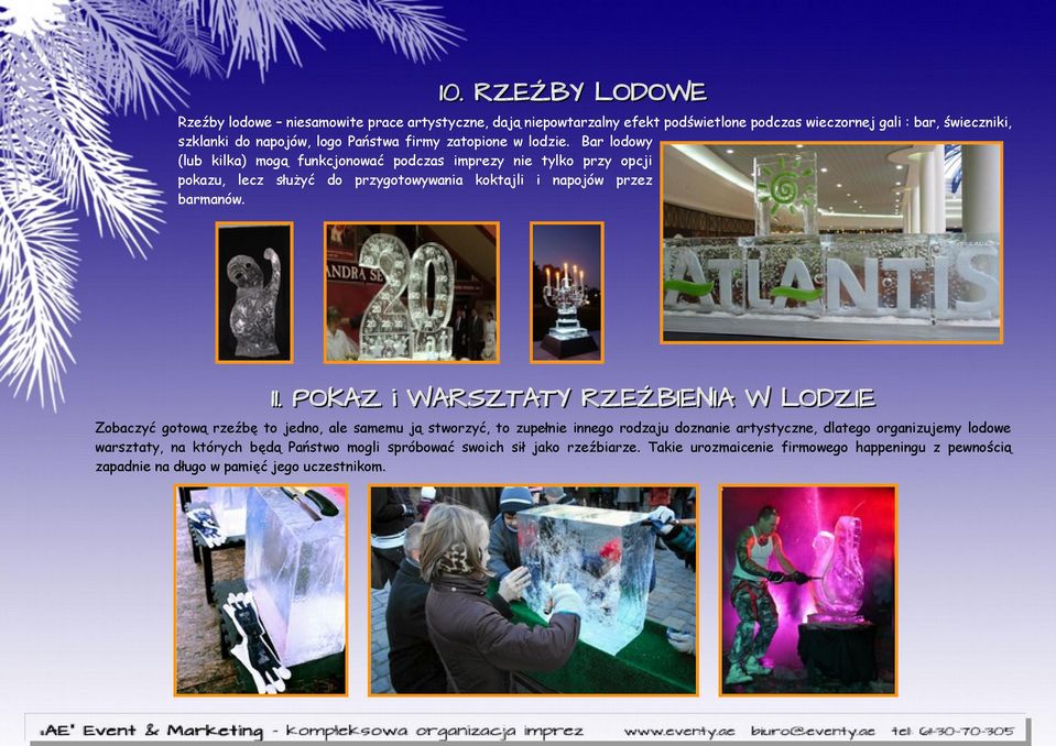 Bar lodowy (lub kilka) mogą funkcjonować podczas imprezy nie tylko przy opcji pokazu, lecz służyć do przygotowywania koktajli i napojów przez barmanów. 11.