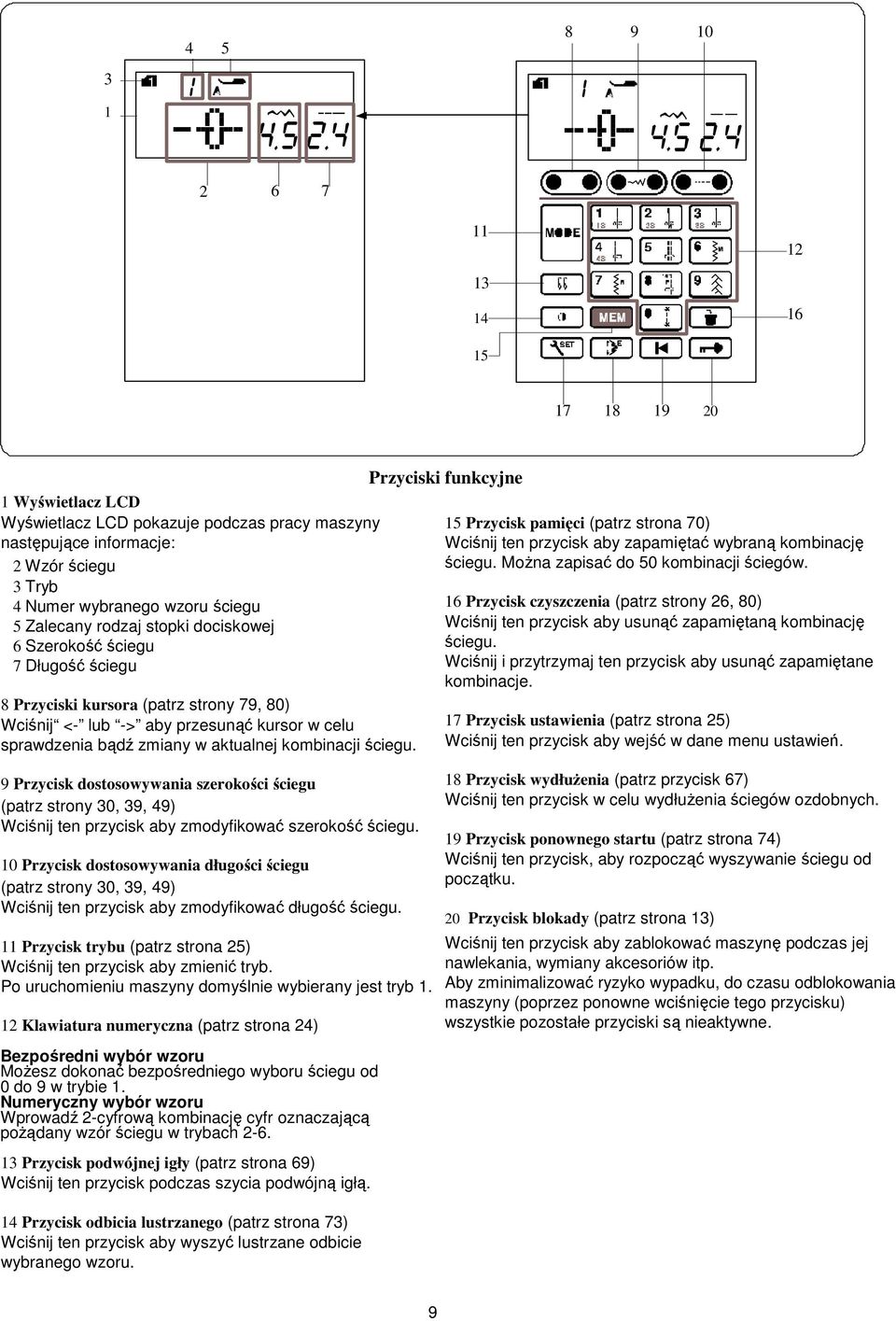 aktualnej kombinacji ściegu. 9 Przycisk dostosowywania szerokości ściegu (patrz strony 30, 39, 49) Wciśnij ten przycisk aby zmodyfikować szerokość ściegu.