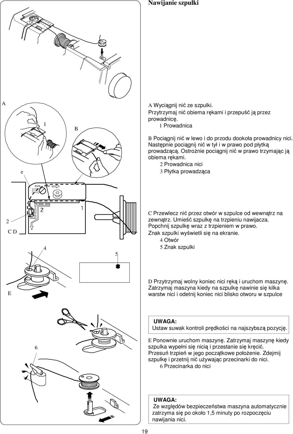2 Prowadnica nici 3 Płytka prowadząca 2 C D 4 5 C Przewlecz nić przez otwór w szpulce od wewnątrz na zewnątrz. Umieść szpulkę na trzpieniu nawijacza. Popchnij szpulkę wraz z trzpieniem w prawo.