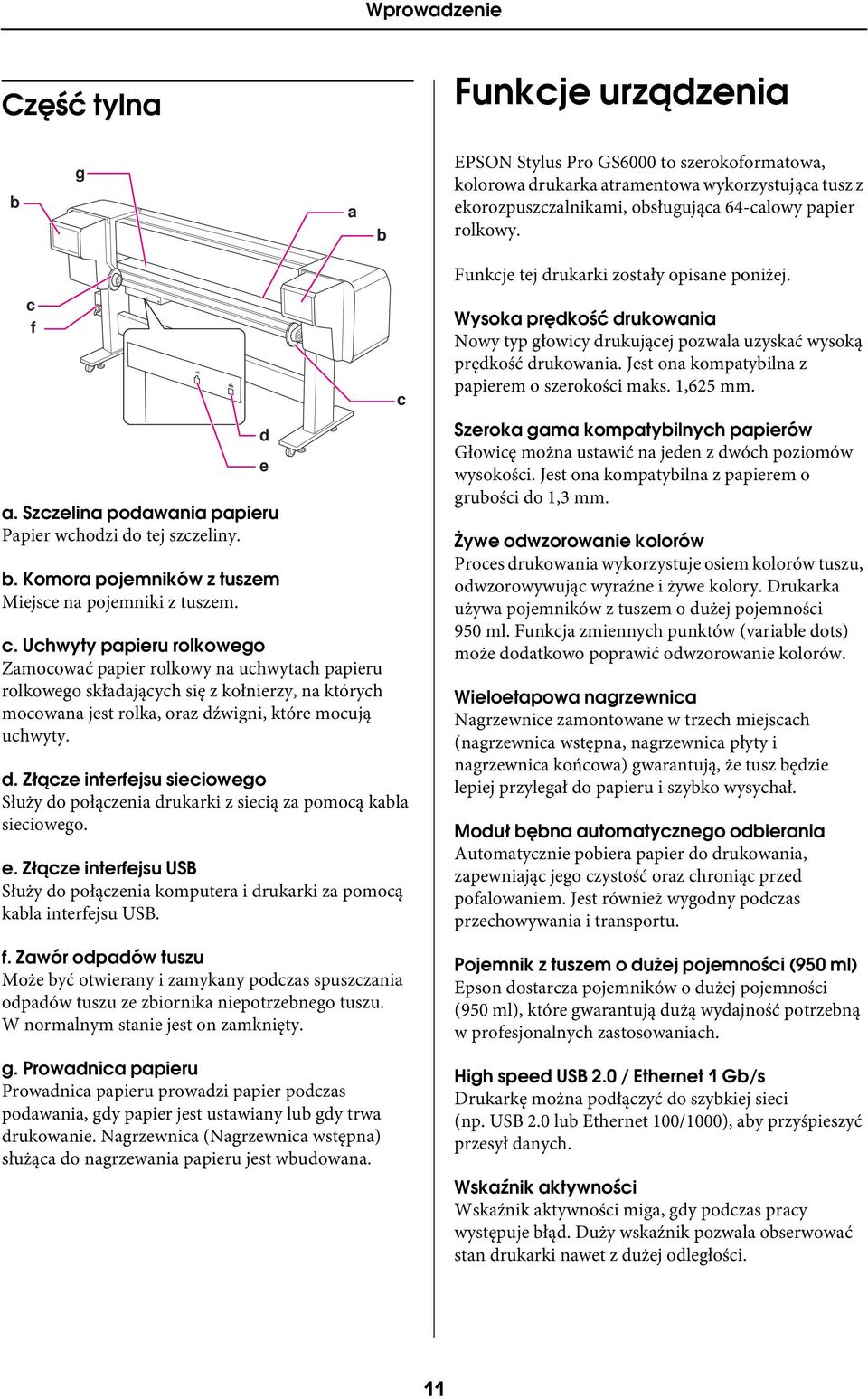 d. Złącze interfejsu sieciowego Służy do połączenia drukarki z siecią za pomocą kabla sieciowego. e. Złącze interfejsu USB Służy do połączenia komputera i drukarki za pomocą kabla interfejsu USB. f.