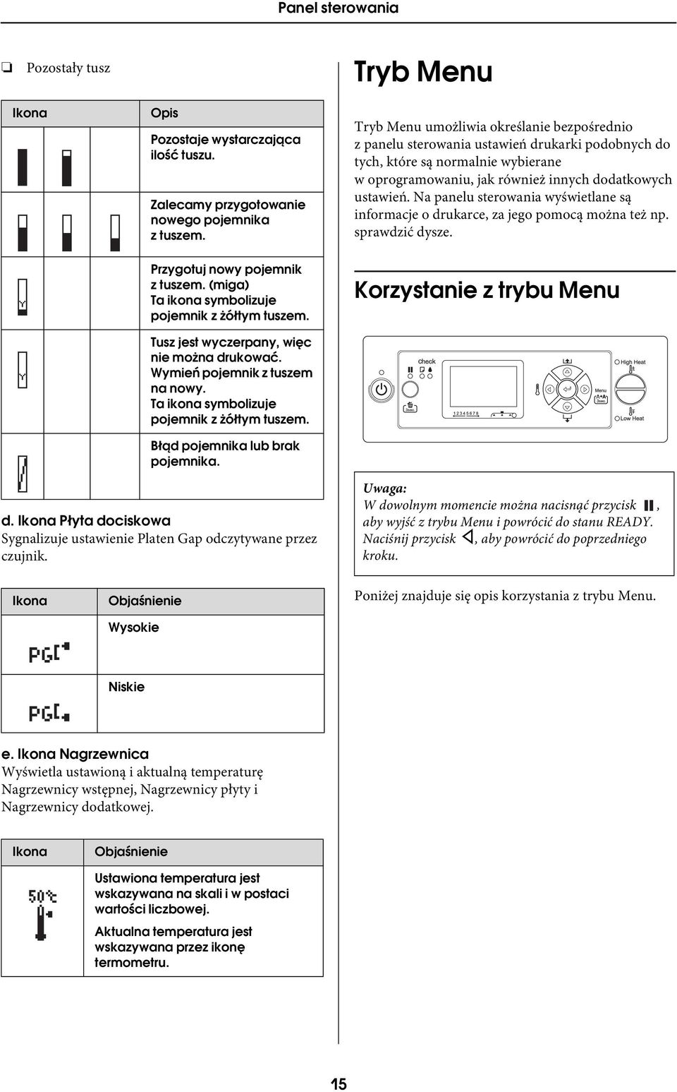 Tryb Menu umożliwia określanie bezpośrednio z panelu sterowania ustawień drukarki podobnych do tych, które są normalnie wybierane w oprogramowaniu, jak również innych dodatkowych ustawień.