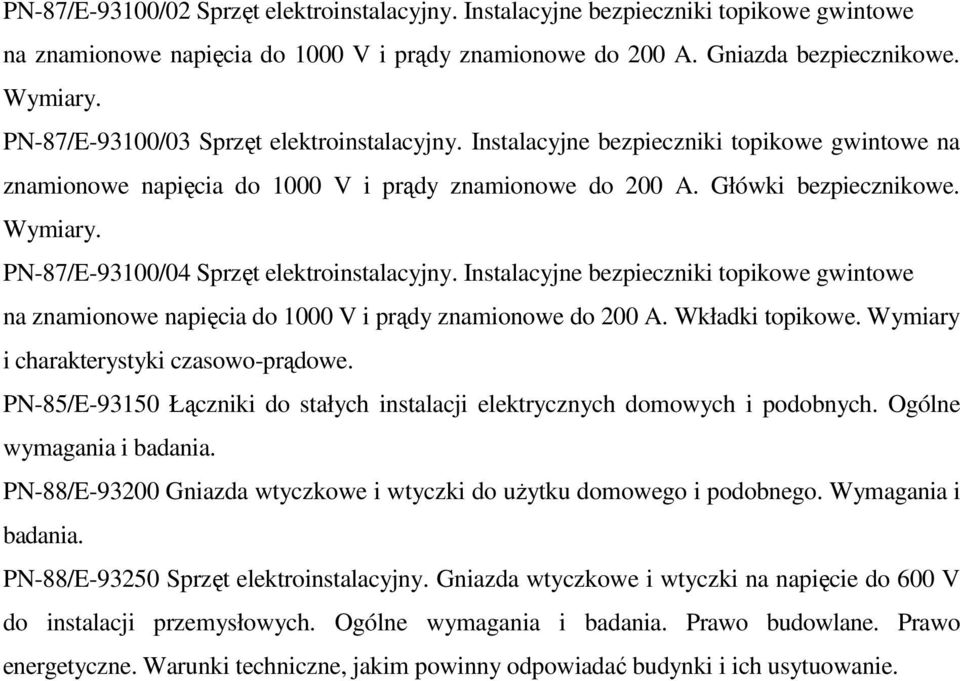 PN-87/E-93100/04 Sprzęt elektroinstalacyjny. Instalacyjne bezpieczniki topikowe gwintowe na znamionowe napięcia do 1000 V i prądy znamionowe do 200 A. Wkładki topikowe.