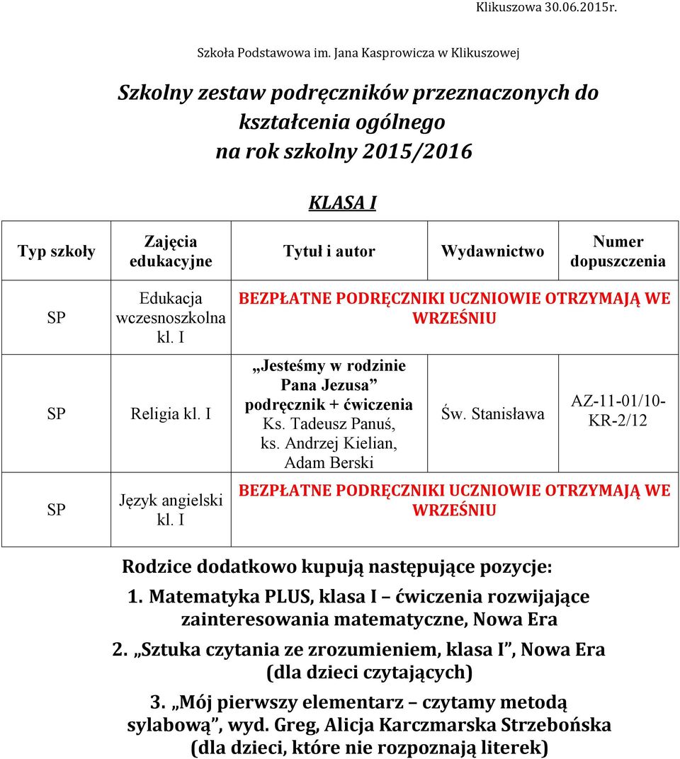 I Jesteśmy w rodzinie Pana Jezusa podręcznik + ćwiczenia AZ-11-01/10- KR-2/12 Rodzice dodatkowo kupują następujące pozycje: 1.