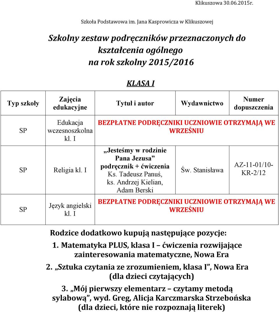 I Jesteśmy w rodzinie Pana Jezusa podręcznik + ćwiczenia AZ-11-01/10- KR-2/12 Rodzice dodatkowo kupują następujące pozycje: 1.