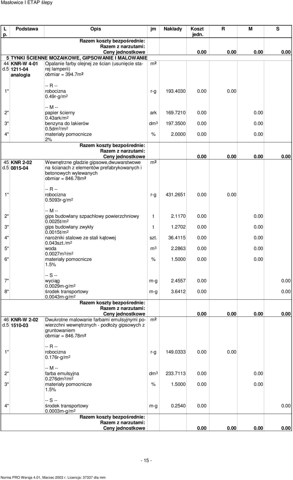 5 0815-04 2% Wewnętrzne gładzie gipsowe,dwuwarstwowe na ścianach z elementów prefabrykowanych i betonowych wylewanych obmiar = 846.78 0.5093r-g/ r-g 431.2651 0.00 0.00 t 2170 0.00 0.00 t 1.2702 0.