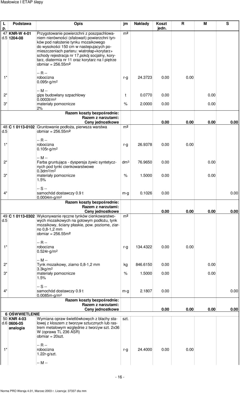 00 0.00 t 0.0770 0.00 0.00 2* gips budowlany szpachlowy 0.0003t/ 3* materiały pomocnicze % 2.0000 0.00 0.00 48 d.5 2% C 1 0113-0102 Gruntowanie podłoŝa, pierwsza warstwa obmiar = 256.